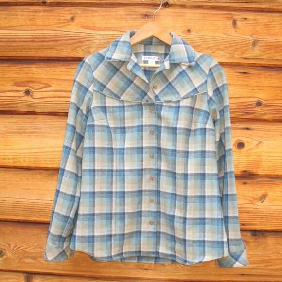 Green Plaid Wool Shirt Top - Picture 1 of 6